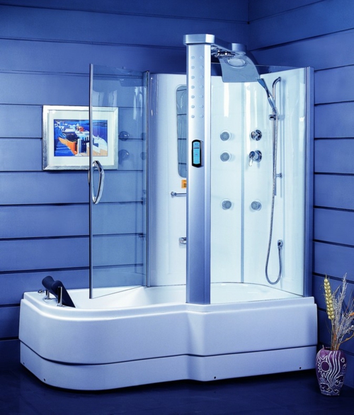 Modern glass shower cubicles purple color light technological