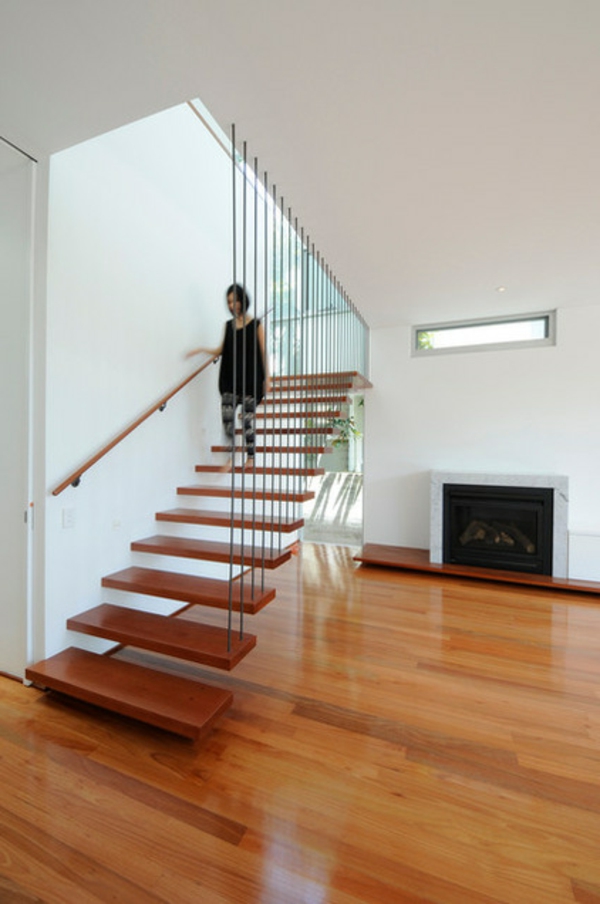 Modern wooden stair railings floating motion