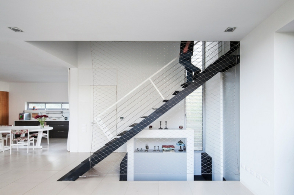 Modern wooden stairs glass railing grid metal