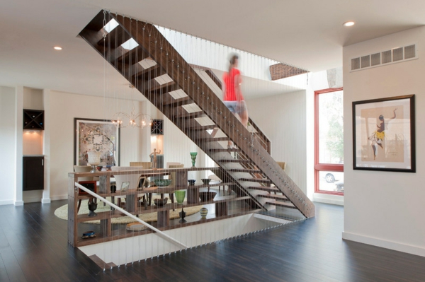 Modern wooden stairs glass railing trendy interior decoration