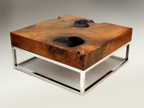 Sofabord design Metallisk ramme og massivt træ top