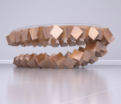 design ciudat de masă din lemn, cadru pătrate, suprafață ovală de sticlă