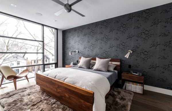 Teenager room decorating wallpaper wood frame bed fur rug