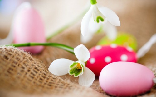 Великденски декорации в розови и лилави цветя на занаятите