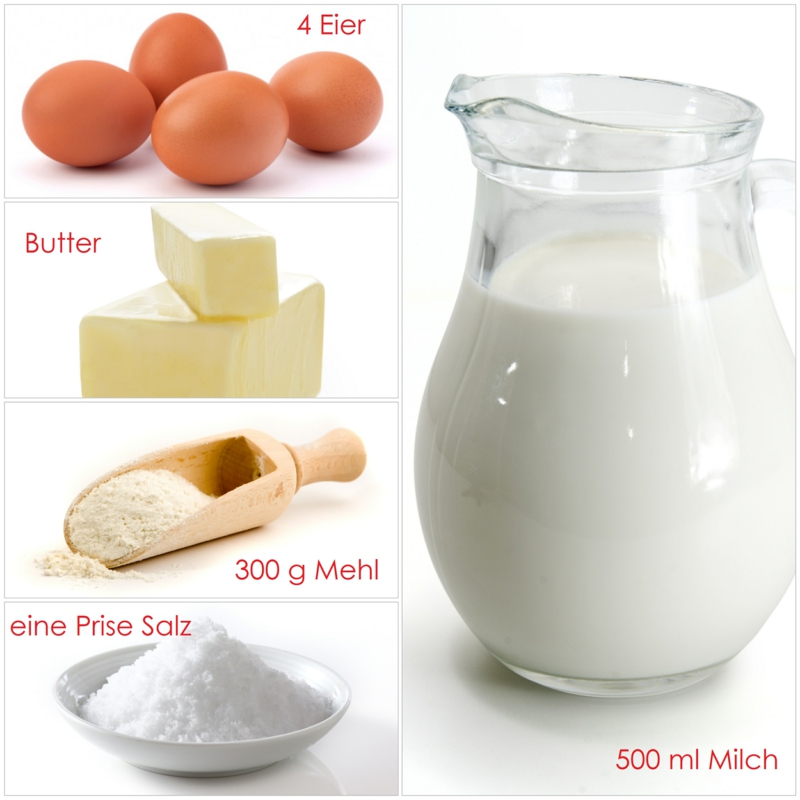 Pancake dough recipe ingredients milk eggs butter flour salt