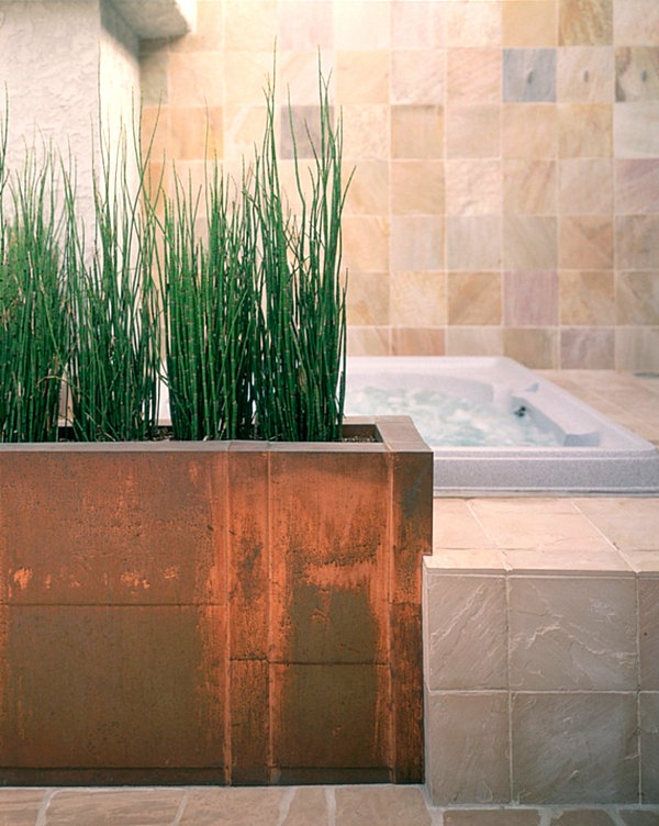 Plants in bathroom bathtub tiles