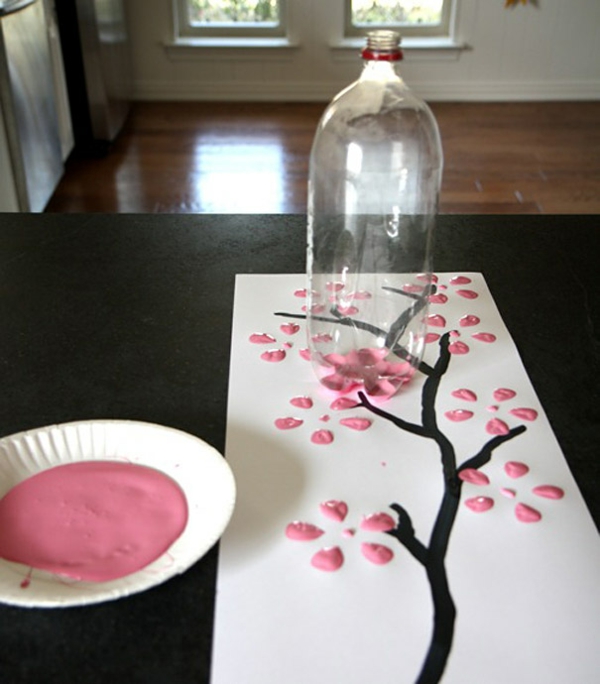 Plastic flessenschilderijen gerecycleerde roze bloemenboom