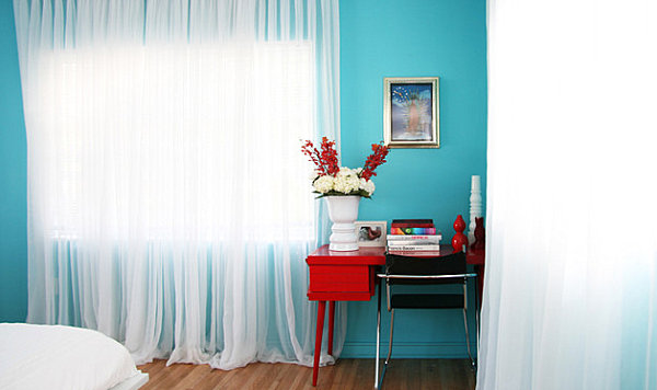Red furniture designs curtains airy turquoise wall design desk