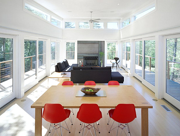 Raudonieji baldai dizaino galimybės idėjos novatoriškos kėdės pietų stalas gyvenamasis kambarys