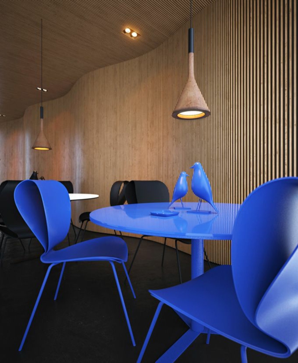 Mesas redondas de moda pintura azul textura restaurante