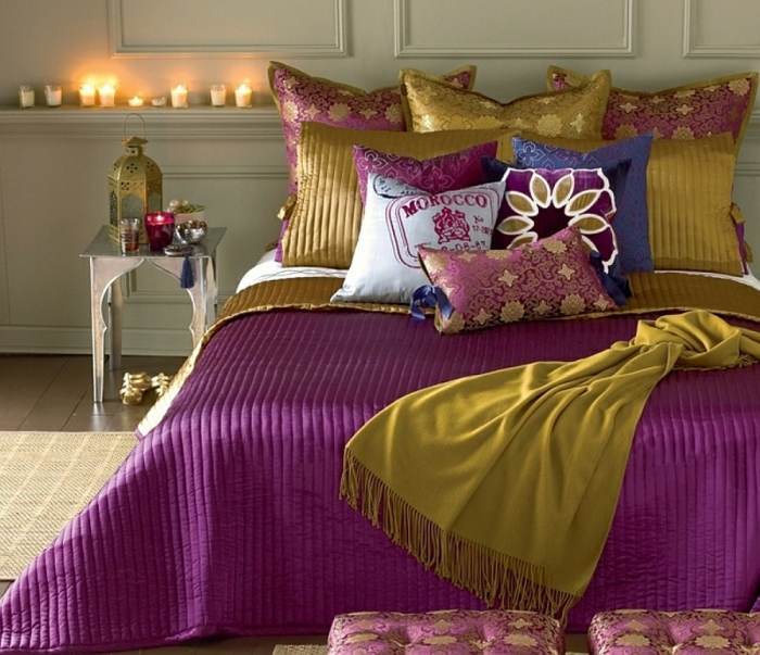 Dormitorio diseño industria alfombra marruecos verde oliva violeta