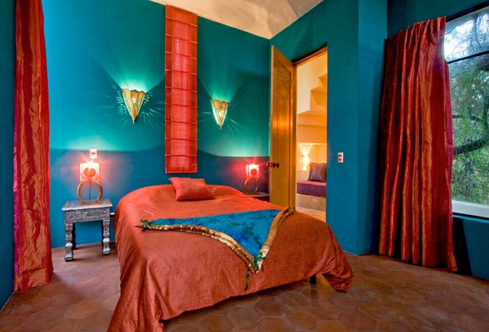 Diseño de dormitorio rojo naranja
