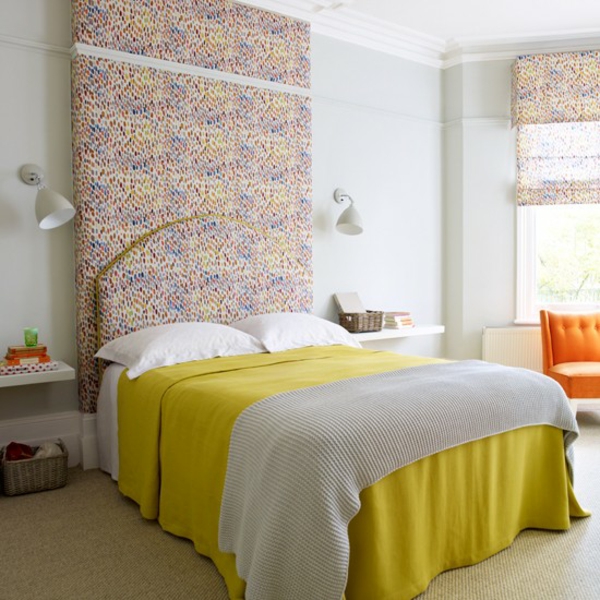 Soveværelse ideer loft højt hovedgærde design oprette gul sengetæppe