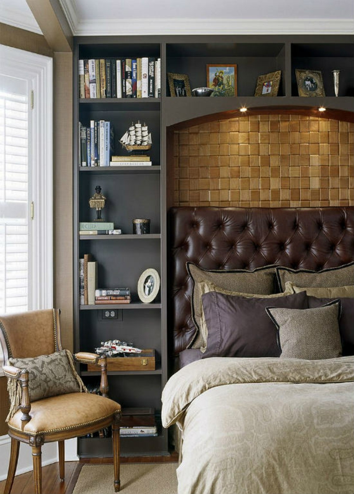 Bedroom ideas in Victorian style upholstered bed bookshelf