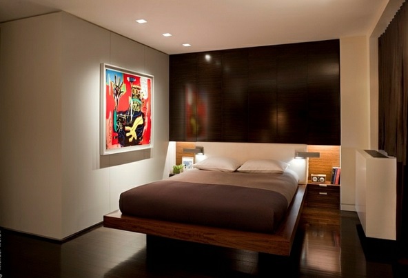 Makuuhuoneen minimalistinen sisustus walldeko maalauksia