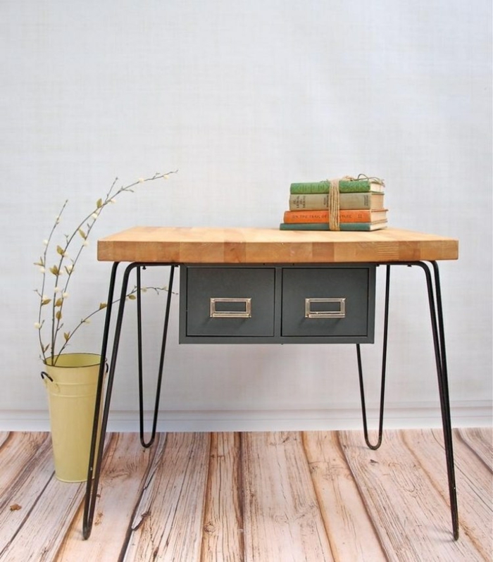 桌子本身打造木制面板实木抽屉金属腿