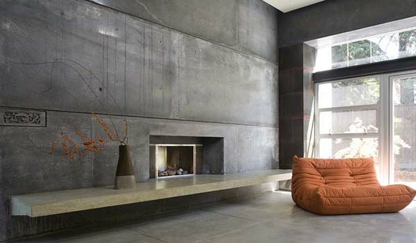 Exposed concrete wall design industrial style fireplace