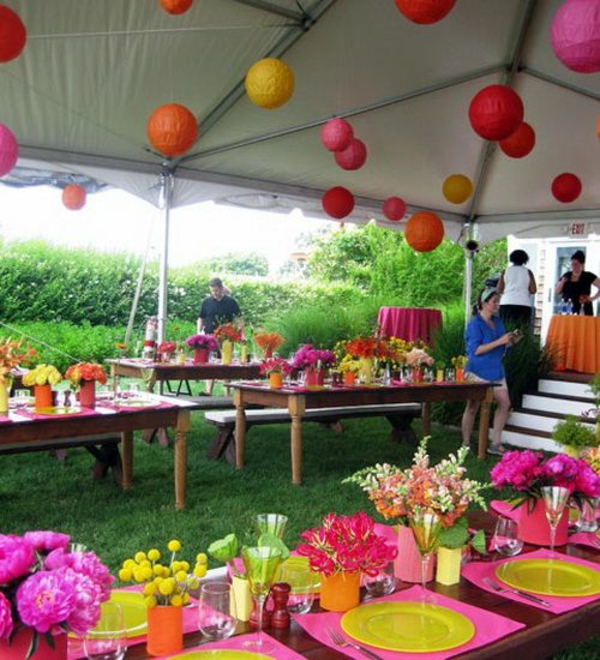 Decoración de la fiesta de verano colorido jardín ideas mesa decoración bola colgante
