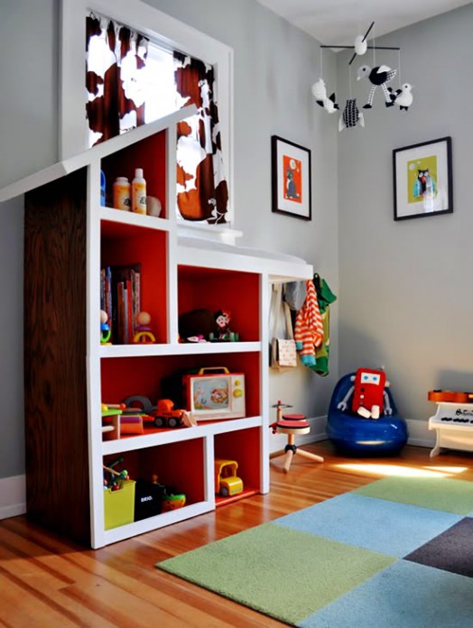 Estante de juguetes, niños, patio, sillón, alfombra, pared, decoración