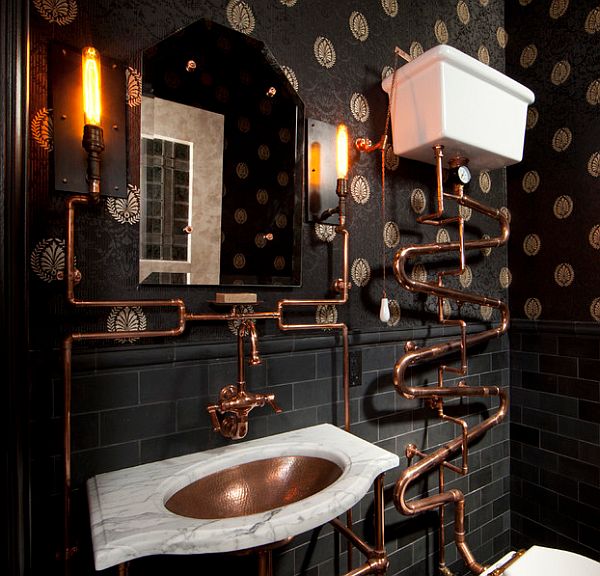 Steampunk עיצוב פנים רעיונות לשקוע מראה חדר האמבטיה