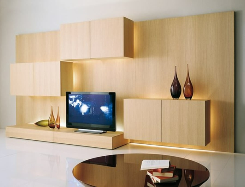 Μονάδα τοίχου τηλεόρασης ξύλο έμμεσο φωτισμό καθιστικό δωμάτιο τραπεζάκι σαλονιού
