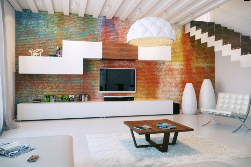 Μονάδα τηλεόρασης τοίχου μοντέρνα πολύχρωμη ταπετσαρία τοίχου έπιπλα καθιστικό τηλεόρασης τοίχους