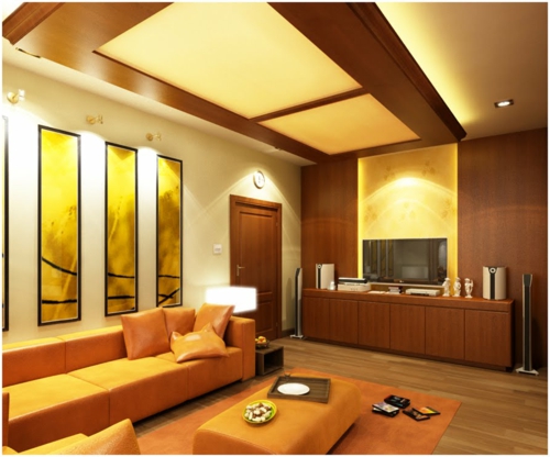 paneles de techo de luz amarilla original moderno en la sala de estar