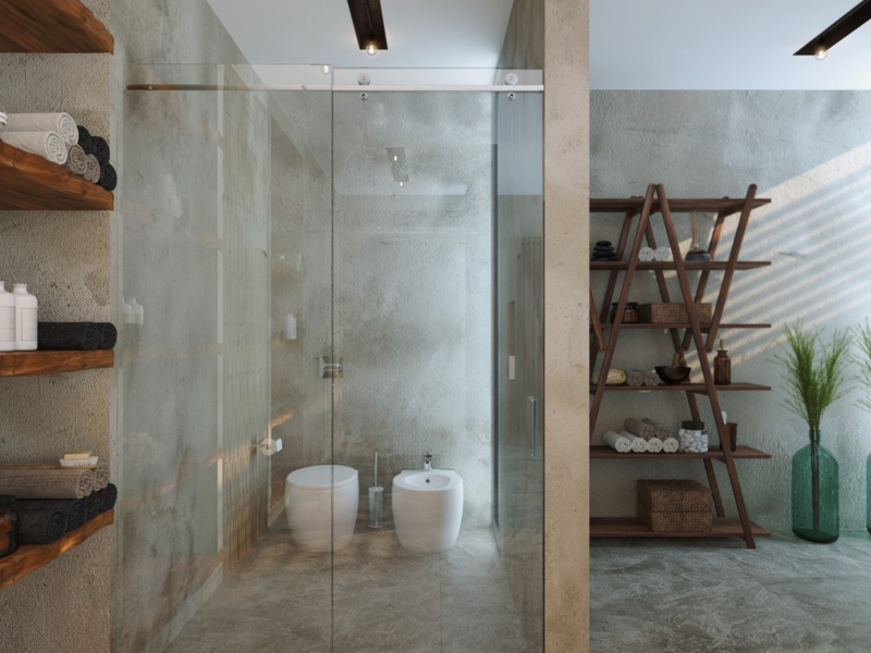 Όνειρα λουτρά μοντέρνα έπιπλα μπάνιου μπάνιου ξύλινα ράφια πετσέτες πολυτελείας μπάνιο