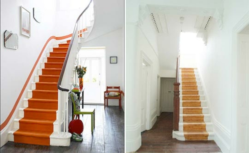מדרגות ושטיחים מדרגות למדרגות עץ כתומות לפני ואחרי