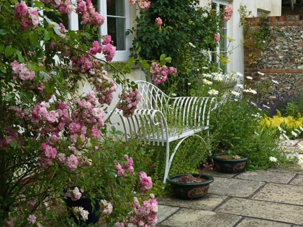 Banc de jardin maison en bois brun rouge blanc roses de jardin rose