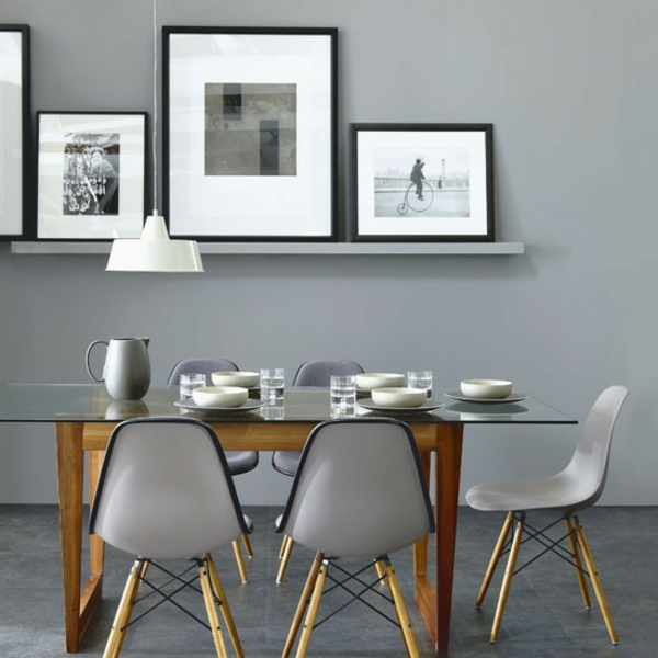 Χρώμα τοίχων γκρι τόνοι έγχρωμη σχεδίαση σύγχρονες καρέκλες τραπεζαρίας