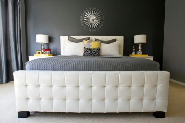 Цвят на стената в нюанси на сива цветова схема модерна рамка за легло за тапицерия