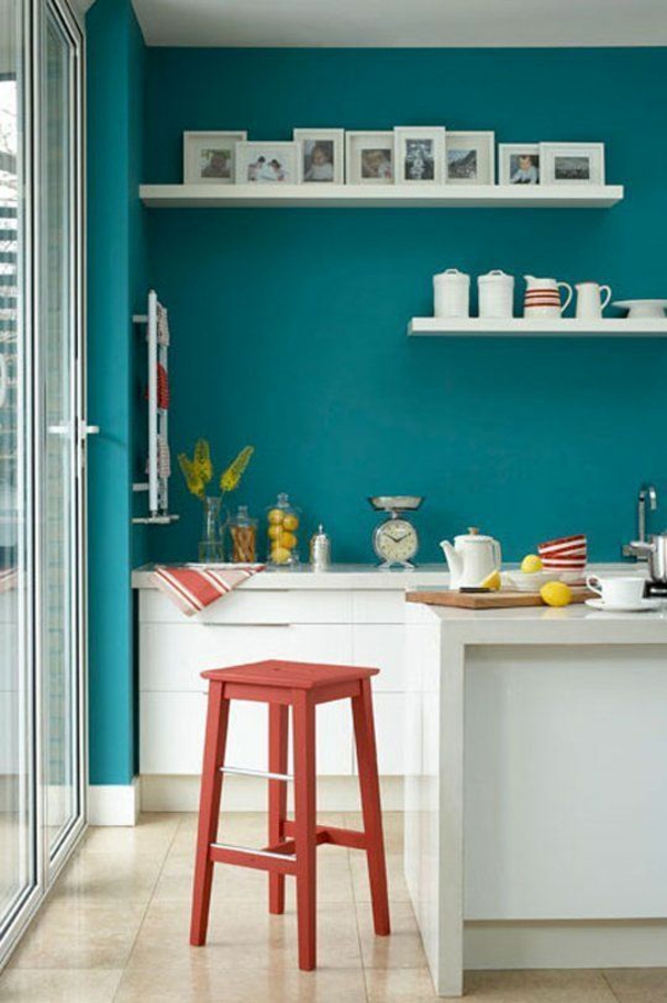 Wall paint turquoise wall design kitchen shelves retro