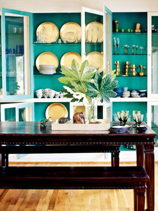 Pintura de pared en cocina de gabinete de estante de diseño de pared de color turquesa