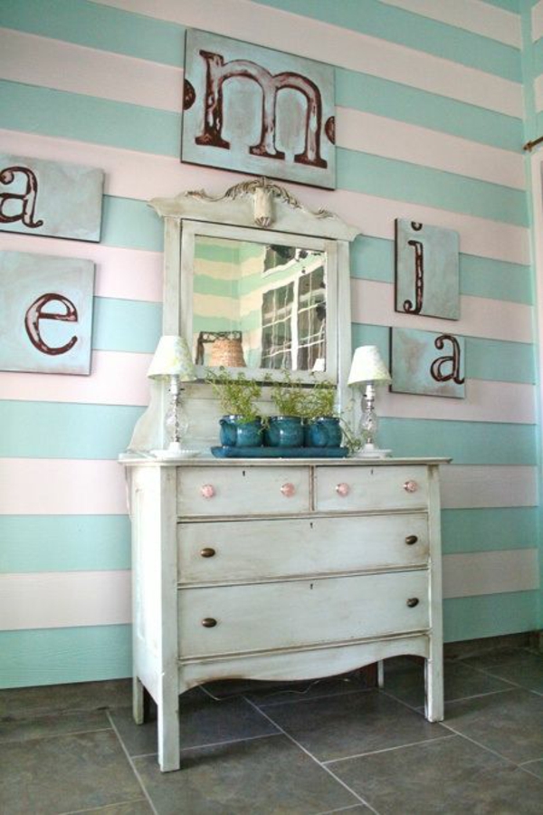 Letters Turquoise wall design stripes dresser
