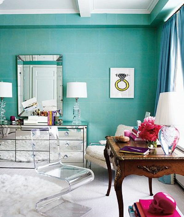 Wall paint turquoise wall design living room feminine