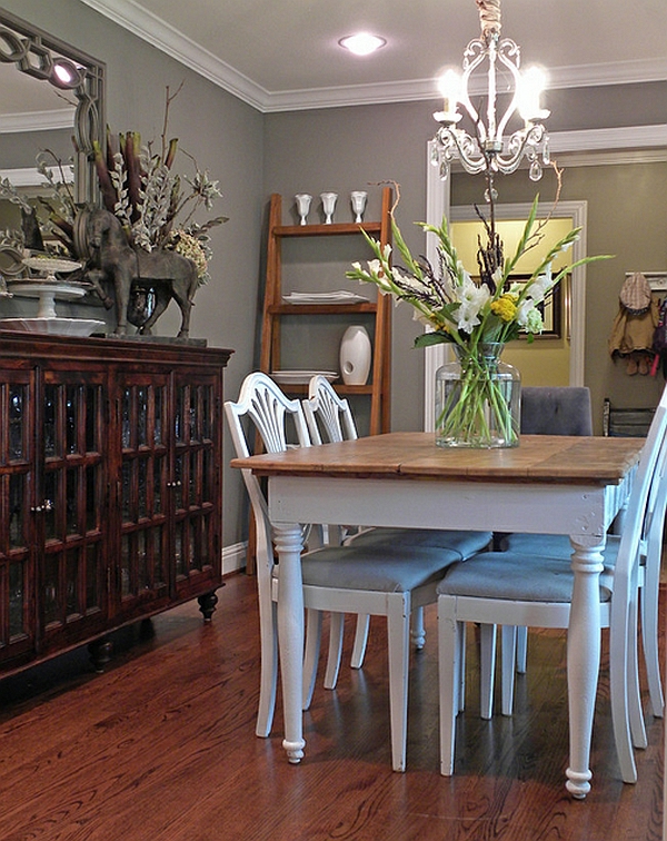 Kopėčios lentynos ir dekoratyvinės kėdės klasikinis kaimiškas valgomasis