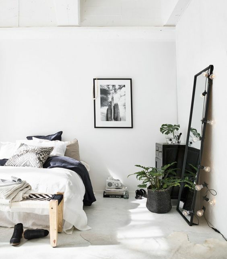 Плосък декориране спалня мебели легло стена огледало стайни растения