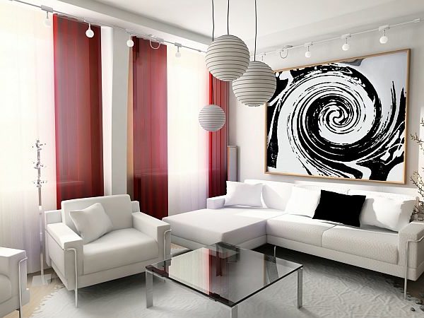 interior hanging lamp ball red curtains
