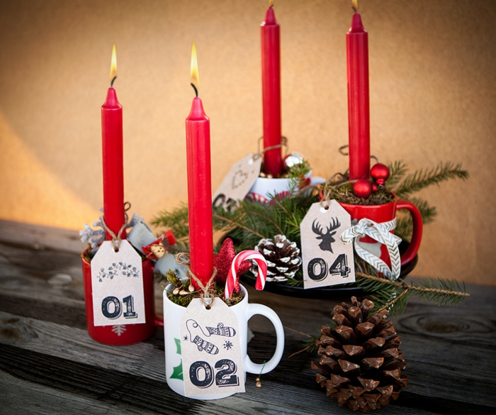 deco ideas christmas candles red cup number pinecone