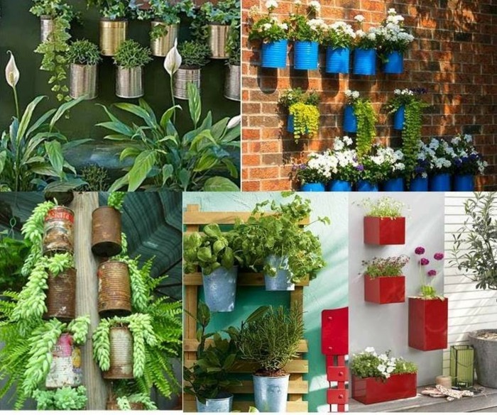 oude blikjes upcycling tuinideeën muur ontwerp bloempotten DIY