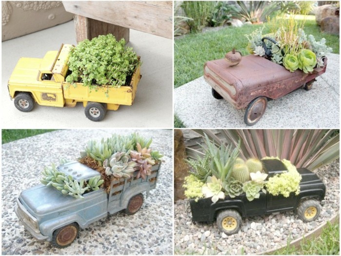 oud speelgoed vrachtwagen vetplanten plant tuinieren met weinig geld