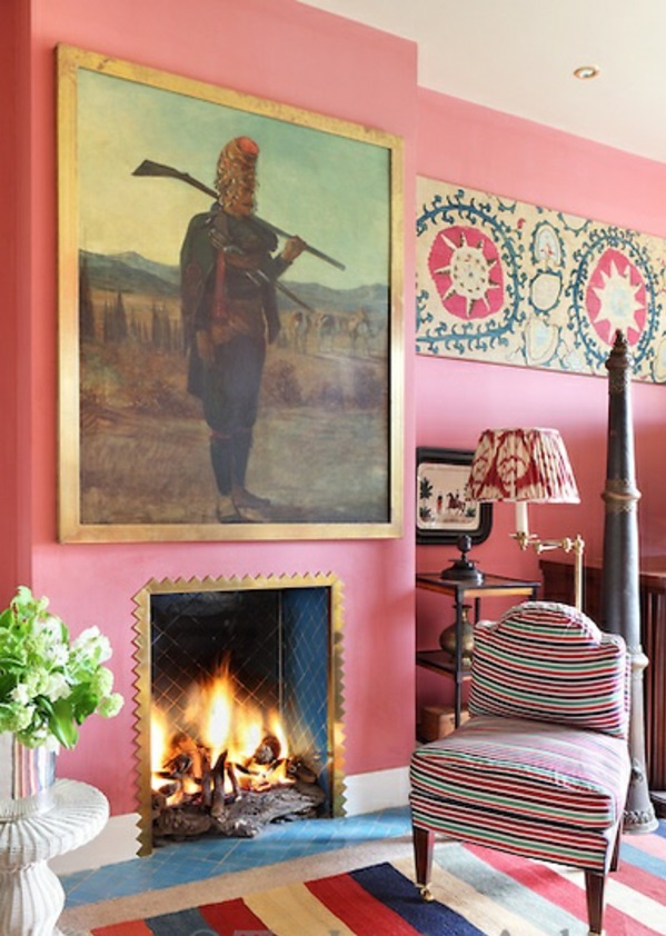 vieux rose mur peinture salon classique cheminée vintage