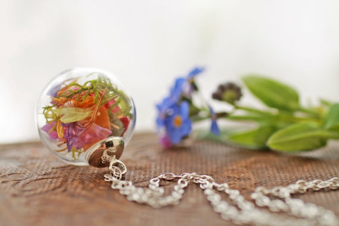 κρεμαστό χειροποίητο ασήμι γυάλινη μπάλα βρύα πιεστεί λουλούδια ασημένια κολιέ
