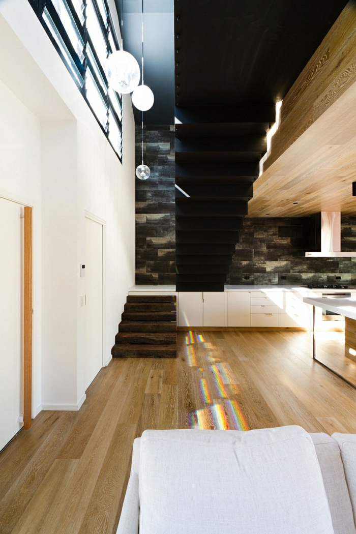 arkkitehti talo moderni puinen sisustus puulattia puinen katto