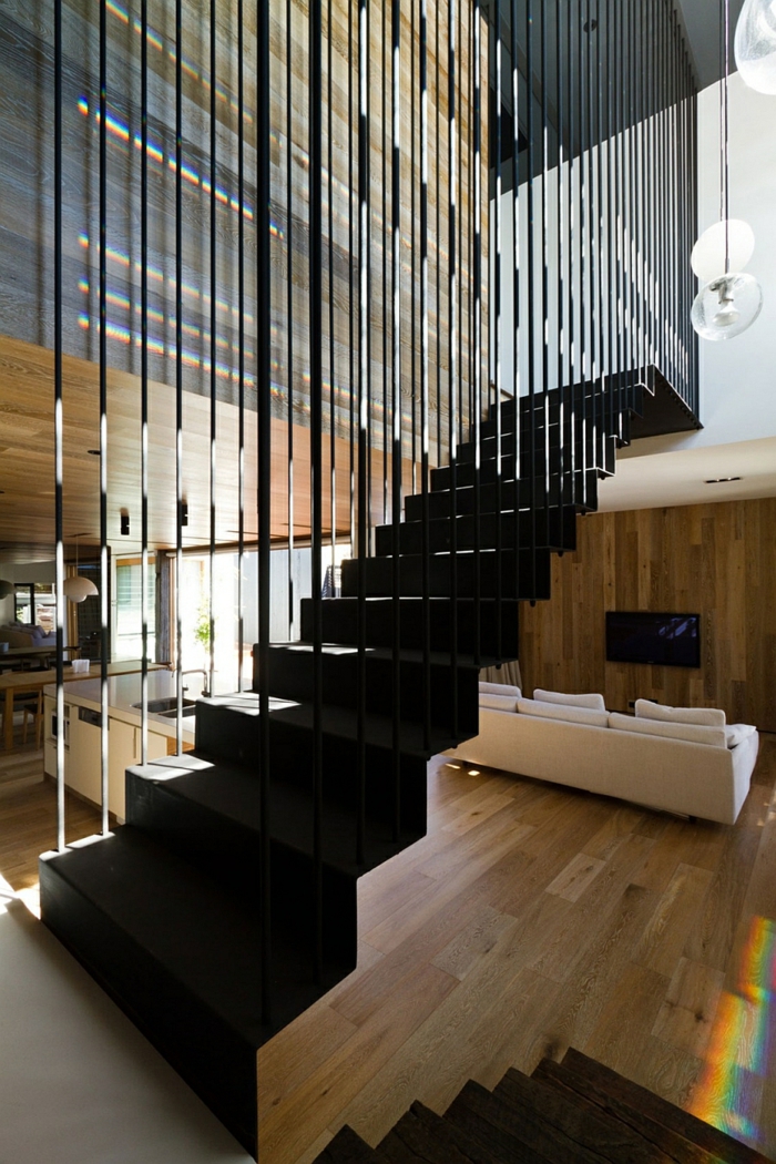 arkkitehti talo moderni puinen sisustus puulattiat portaikko