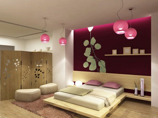 ориенталска спалня дизайн розово висулка светлини