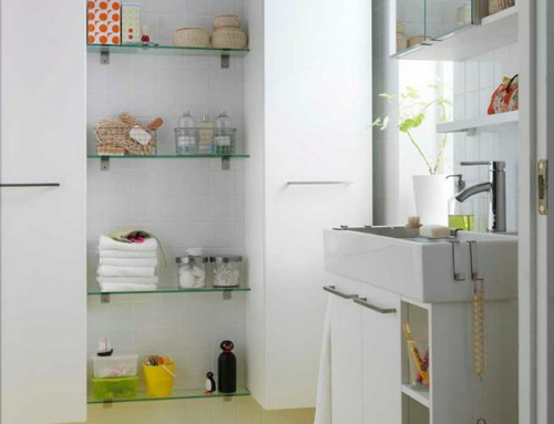 Storage and arrangement in the bathroom glass shelves