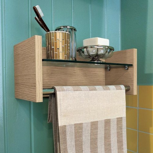 Storage and arrangement in bathroom wood board shelf
