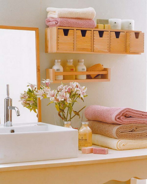 Storage and order in the bathroom wall drawer shelves